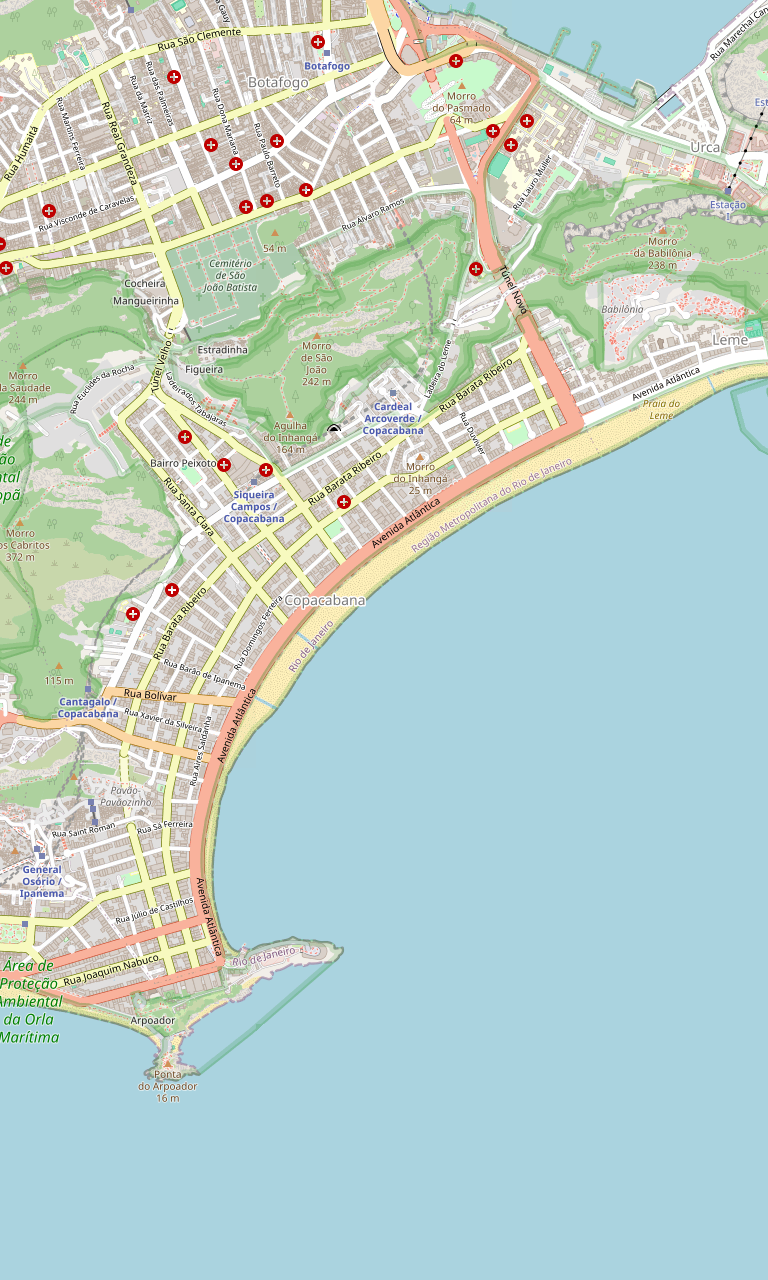 Map of Copacabana, Rio de Janeiro, showing Avenida Atlântica along the full crescent of the beach, the metro line inland, Leme to the north and Arpoador to the south.