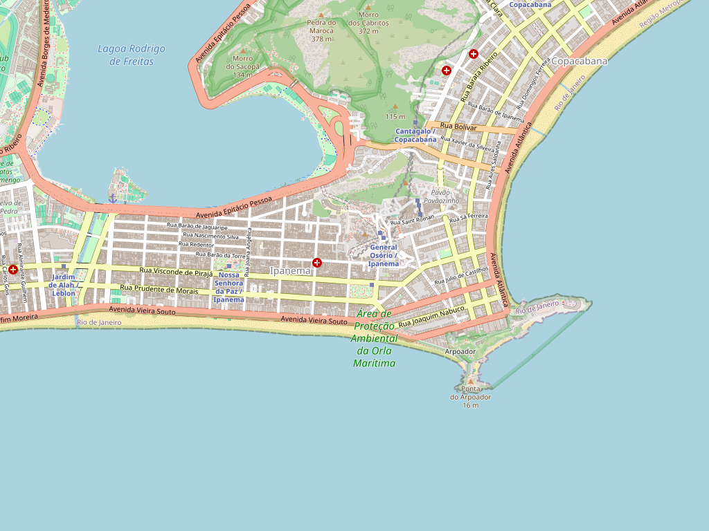 Map of Ipanema, Rio de Janeiro, showing the beachfront, Rua Visconde de Pirajá, Arpoador to the east and the Jardim de Alah canal to the west.