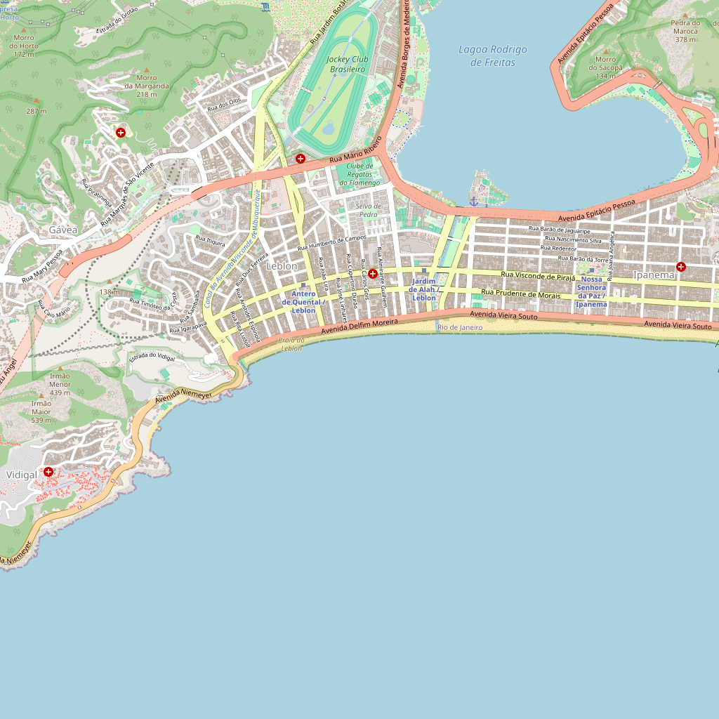 Map of Leblon, Rio de Janeiro, showing Avenida Delfim Moreira along the beach, the street grid inland, the Jardim de Alah canal to the east and the Lagoa Rodrigo de Freitas to the north.