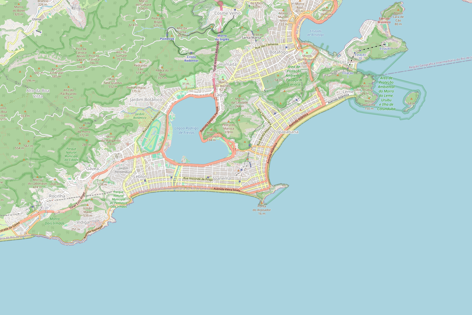 Map of Rio de Janeiro's Zona Sul, showing Leblon, Ipanema, Copacabana, Botafogo, Flamengo and the Lagoa Rodrigo de Freitas.
