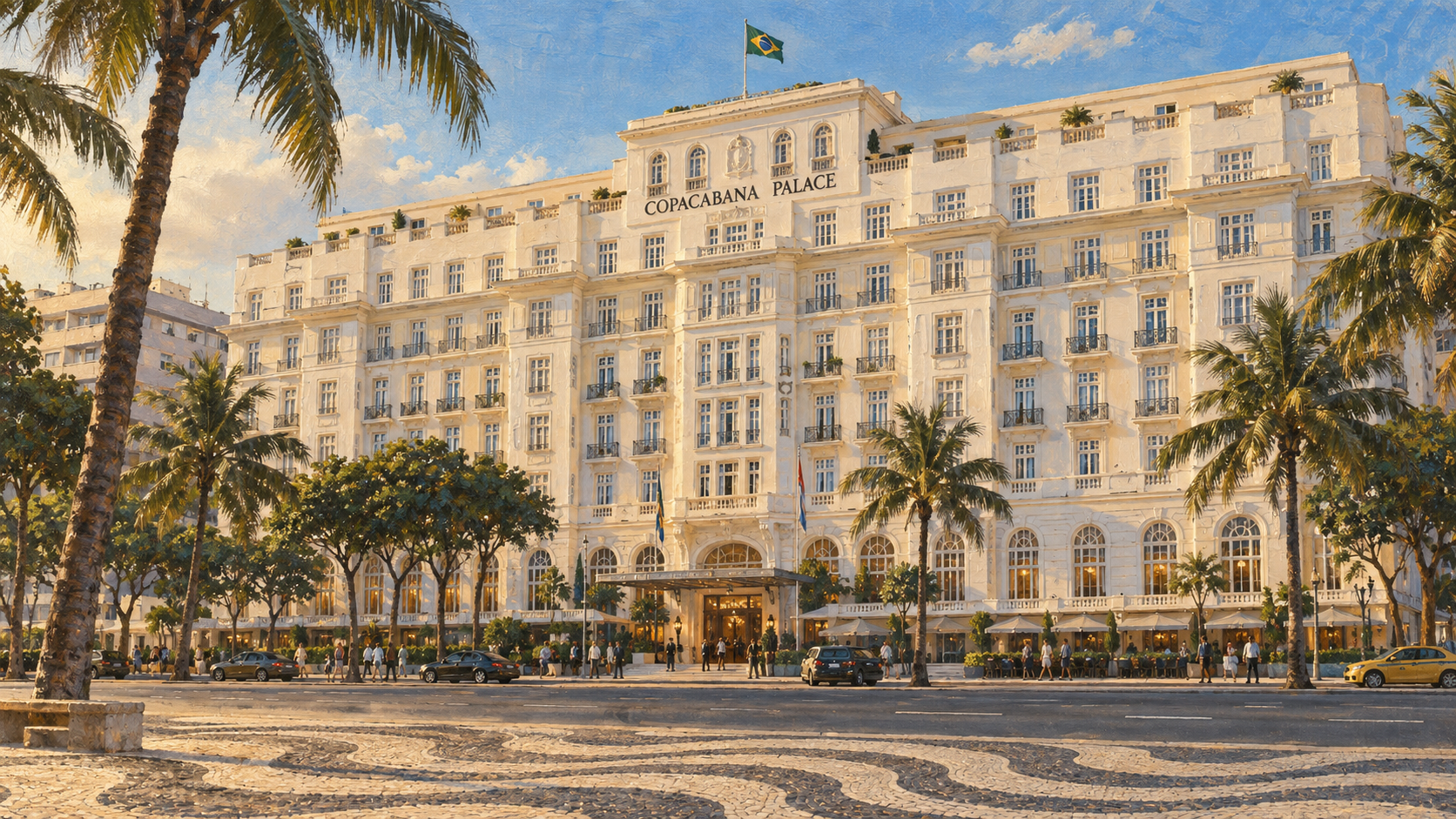 Painterly illustration of Copacabana Palace behind the beachfront promenade in Rio de Janeiro.