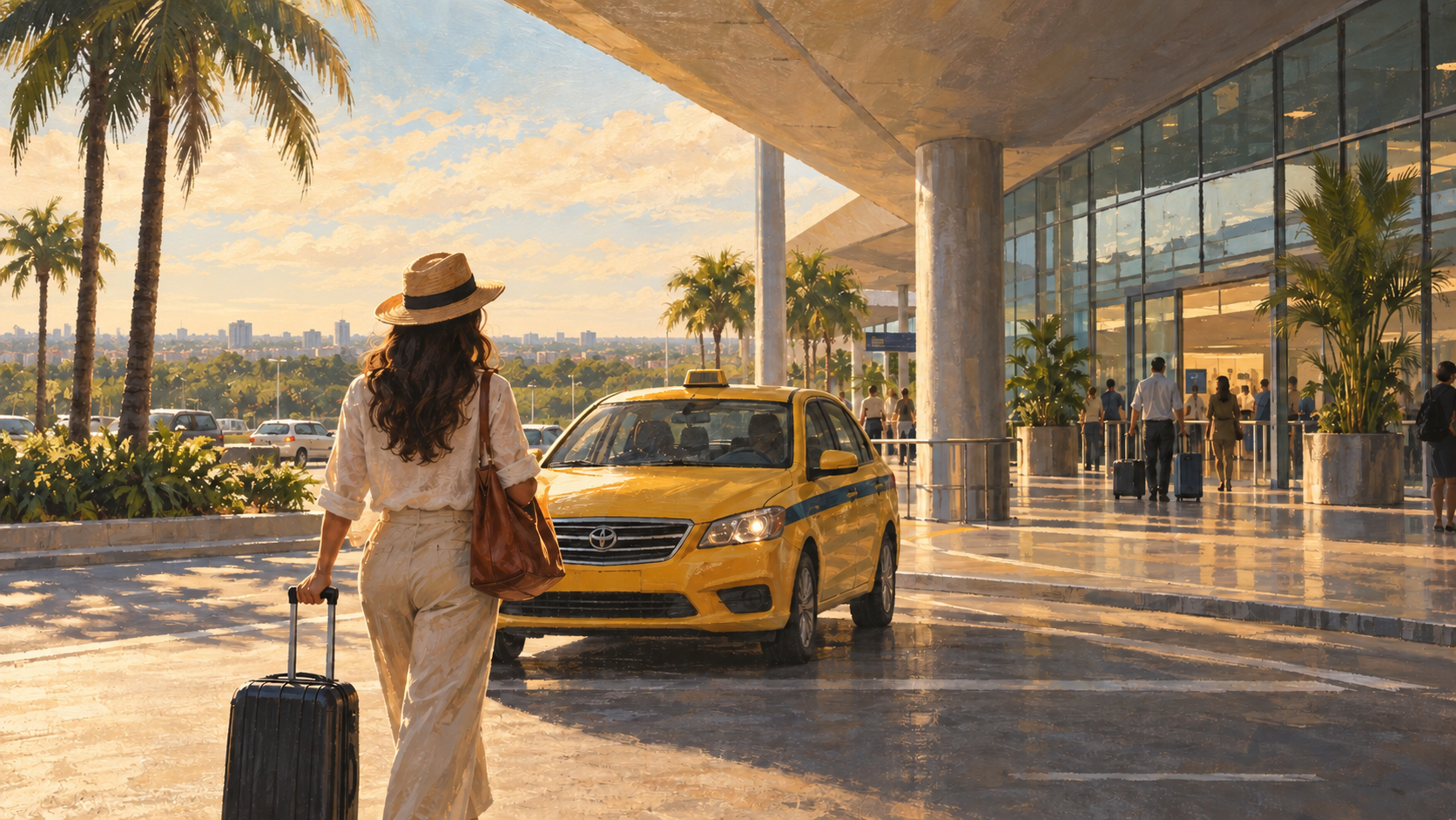 Painted illustration of a traveler with luggage approaching a yellow taxi outside an airport terminal.