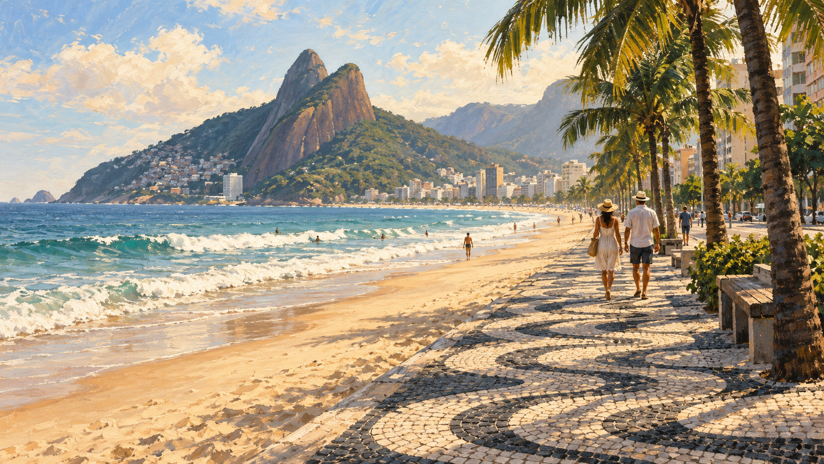 Painterly illustration of Rio’s beachfront and mountains