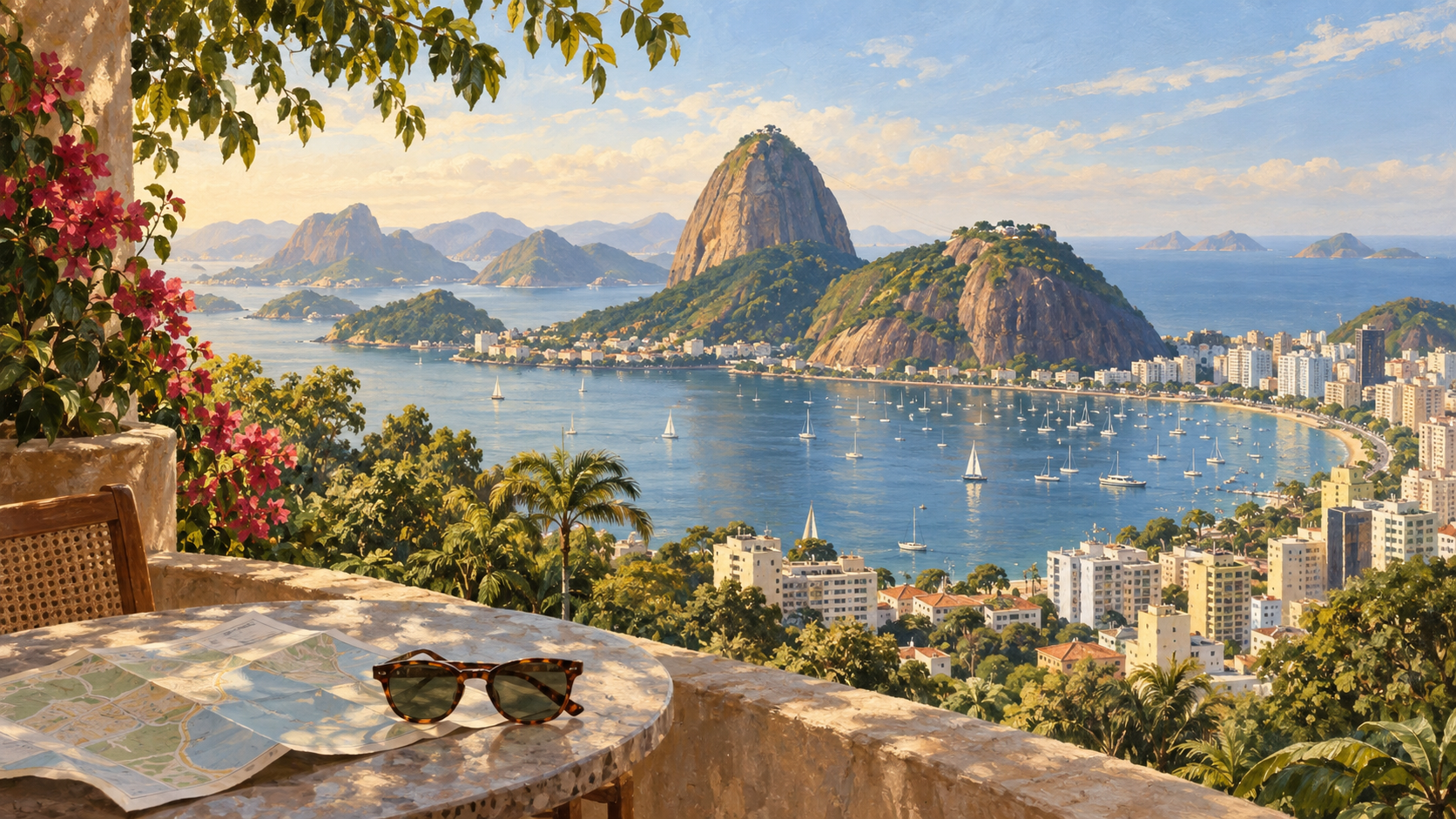 Illustration of a sunlit Rio beach and waterfront