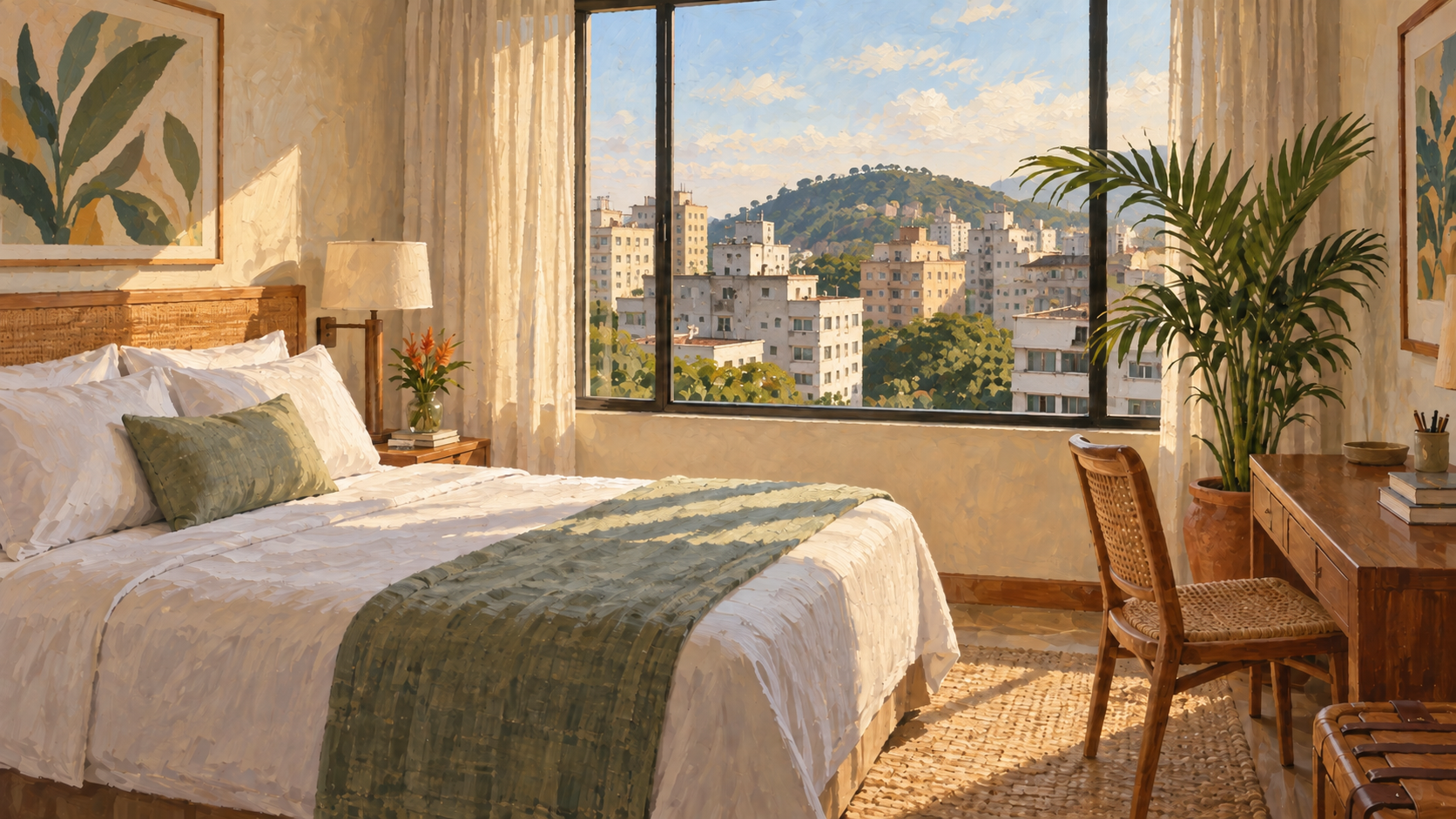 Painted illustration of a hotel room overlooking city rooftops and a green hillside.