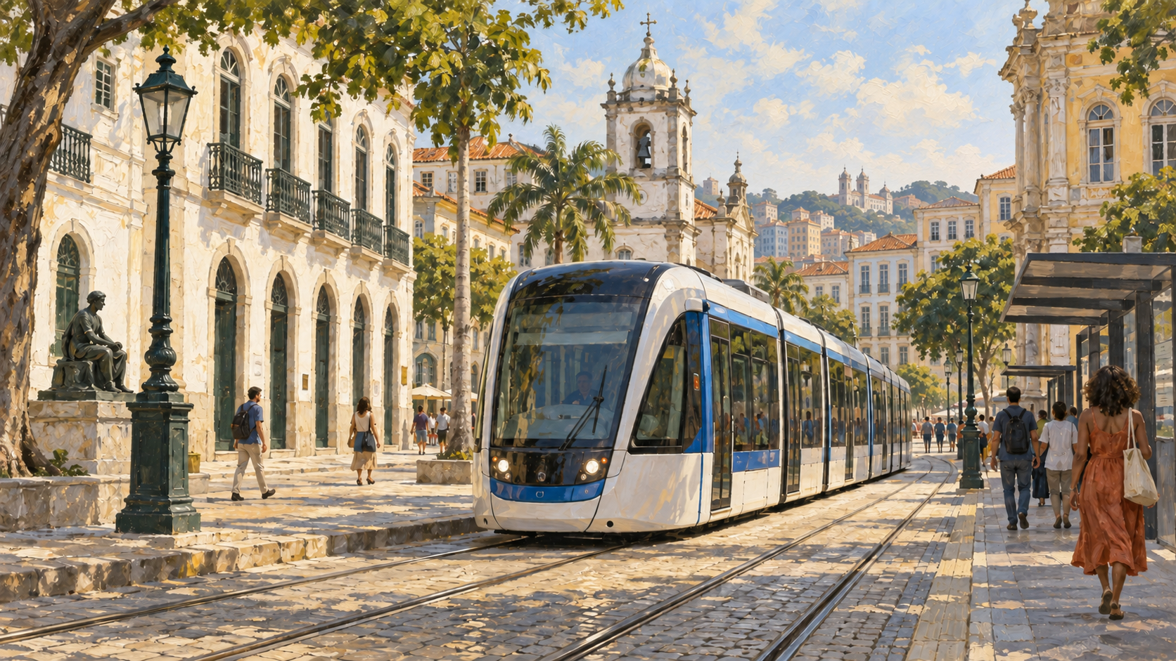 Painted illustration of a street tram and pedestrians among historic buildings.