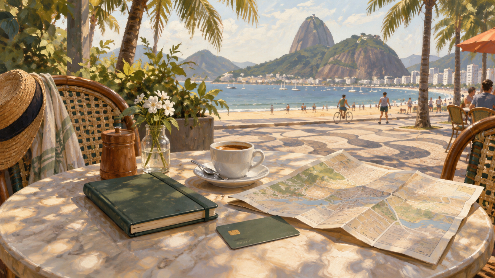 Painted illustration of a travel notebook, map and coffee overlooking a bay.